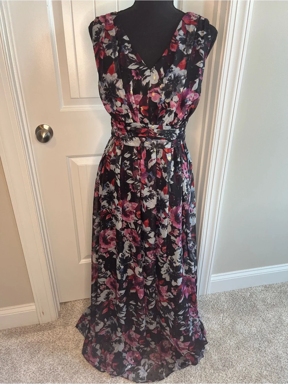 alex & eve Black Maxi Dress with Pink & Grey Floral Print with Gold Accents - Picture 1 of 6